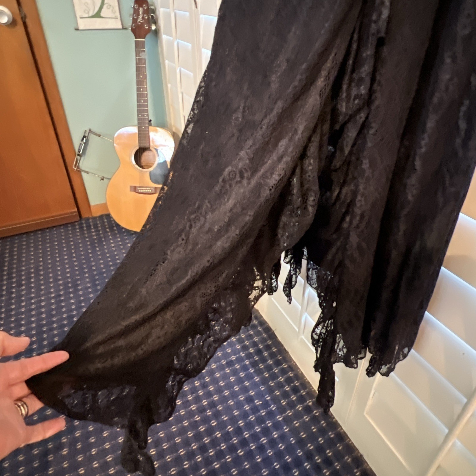 Black Lace Maxi Slip Dress Flowy Goth Sheer Layer Witchy Halloween