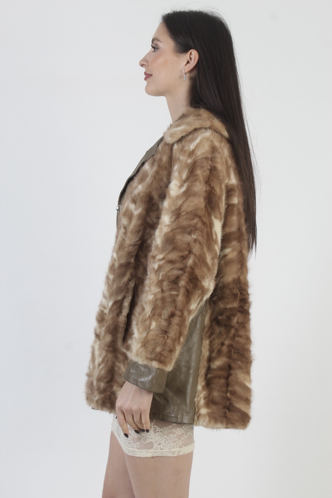 Vintage Patchwork Brown Leather Jacket Autumn Haze Blonde Real Mink Fur Sky Coat