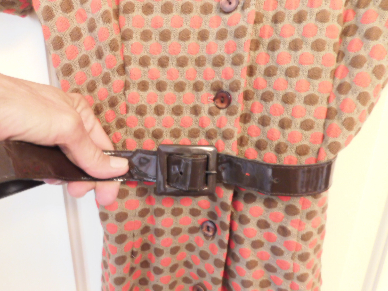 Vtg FAB Dress 60’s Button Front Bennett of Miami Brown Orange Polka Dot Belt S