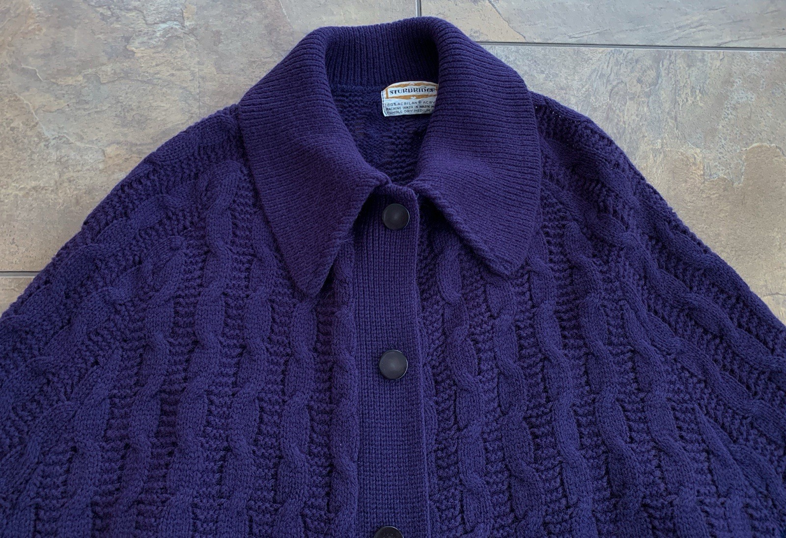Vintage 70s Sturbridge Blue Cable Knit Sweater Cape Poncho Collared