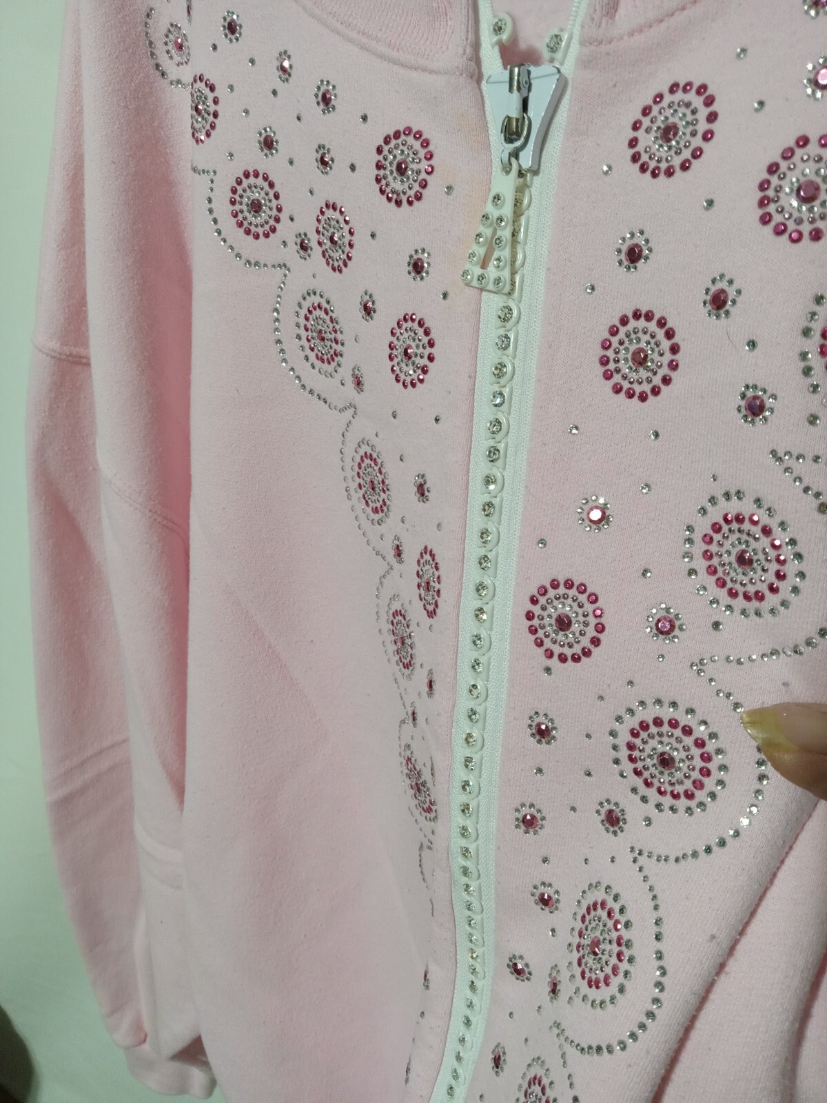 Vintage Jerzees Xl Womans Pink Full Zip Sweater Sparkles Embroidery 24 P2p 26l