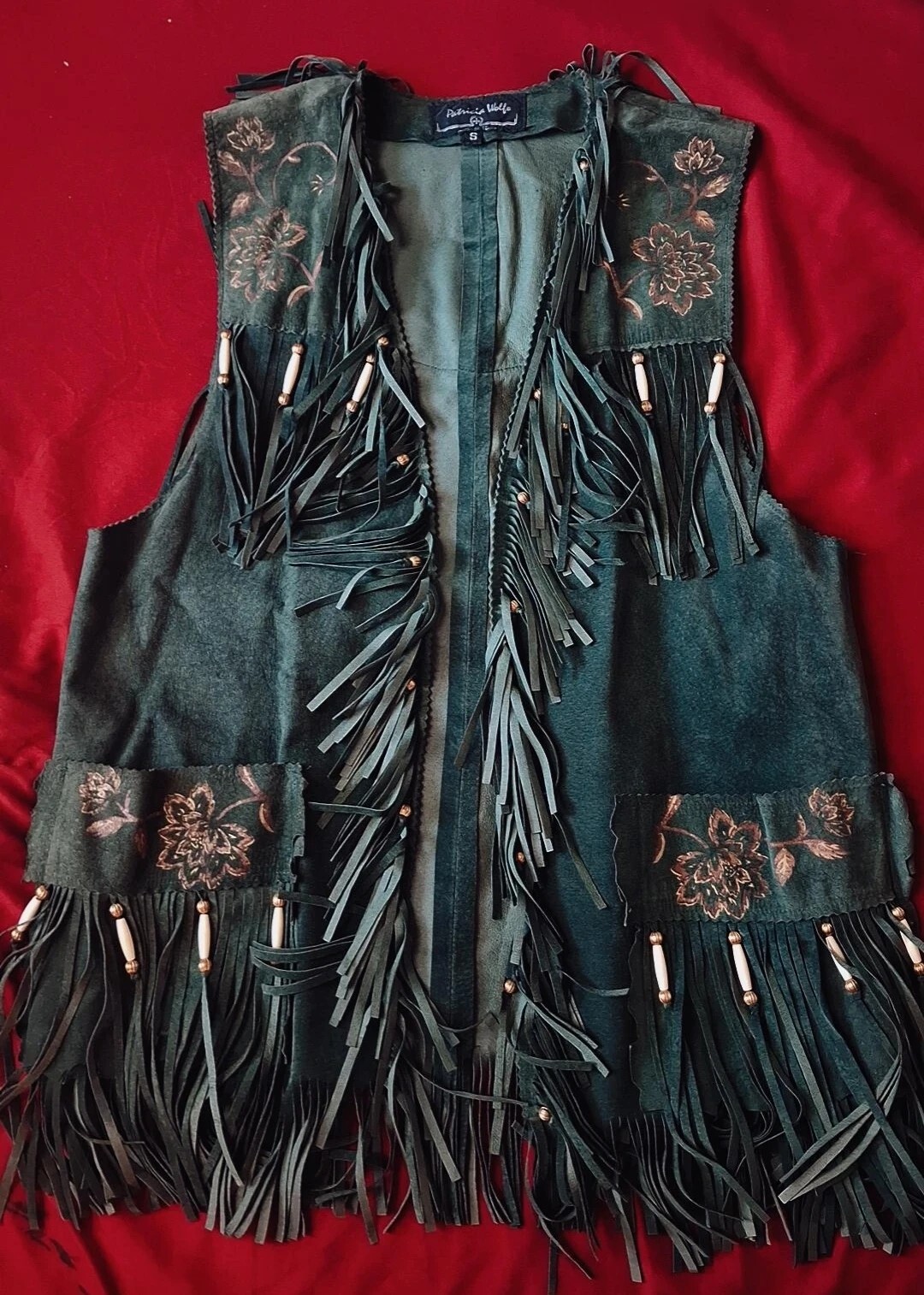 Patricia Wolf Hand Painted Suede Vest Large Fringe Beads Native Western Texas