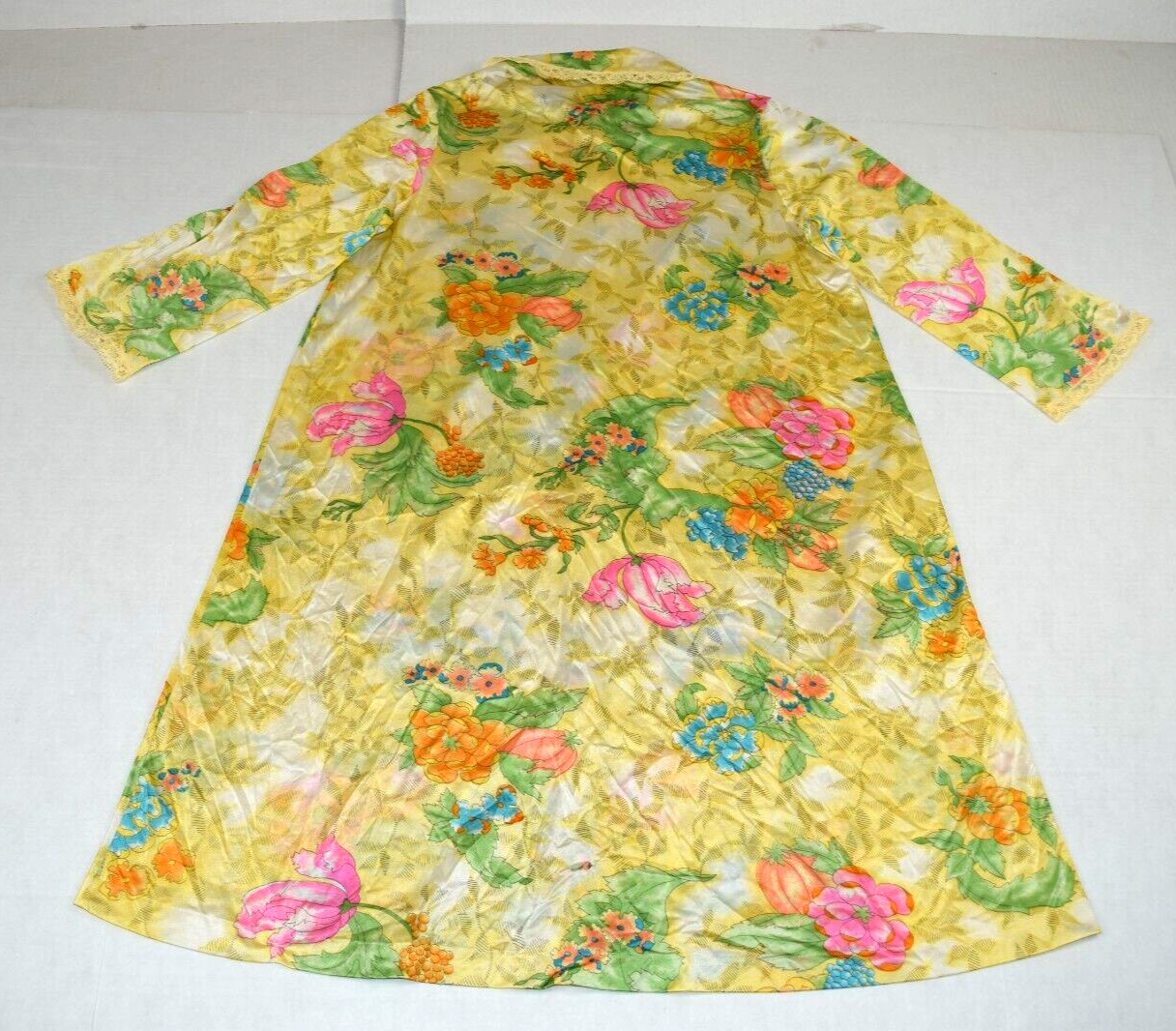 Vintage Nightgown Size S 70s Shimmery Golden Yellow Floral A Line Full Button