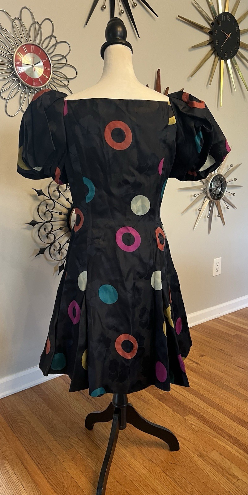VTG Constance Saunders Size 8 1980s Silk Party Dress Pouf Sleeve Gold Buttons