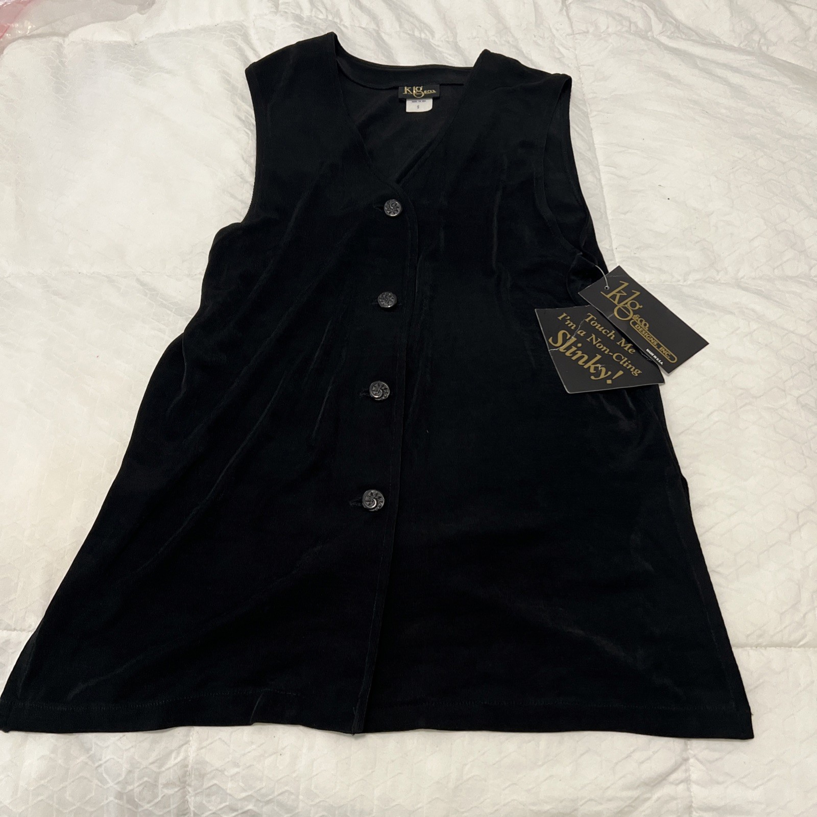 KLG & Co. Women’s Vintage Black Acetate Lycra Slinky Long Button Vest New Small