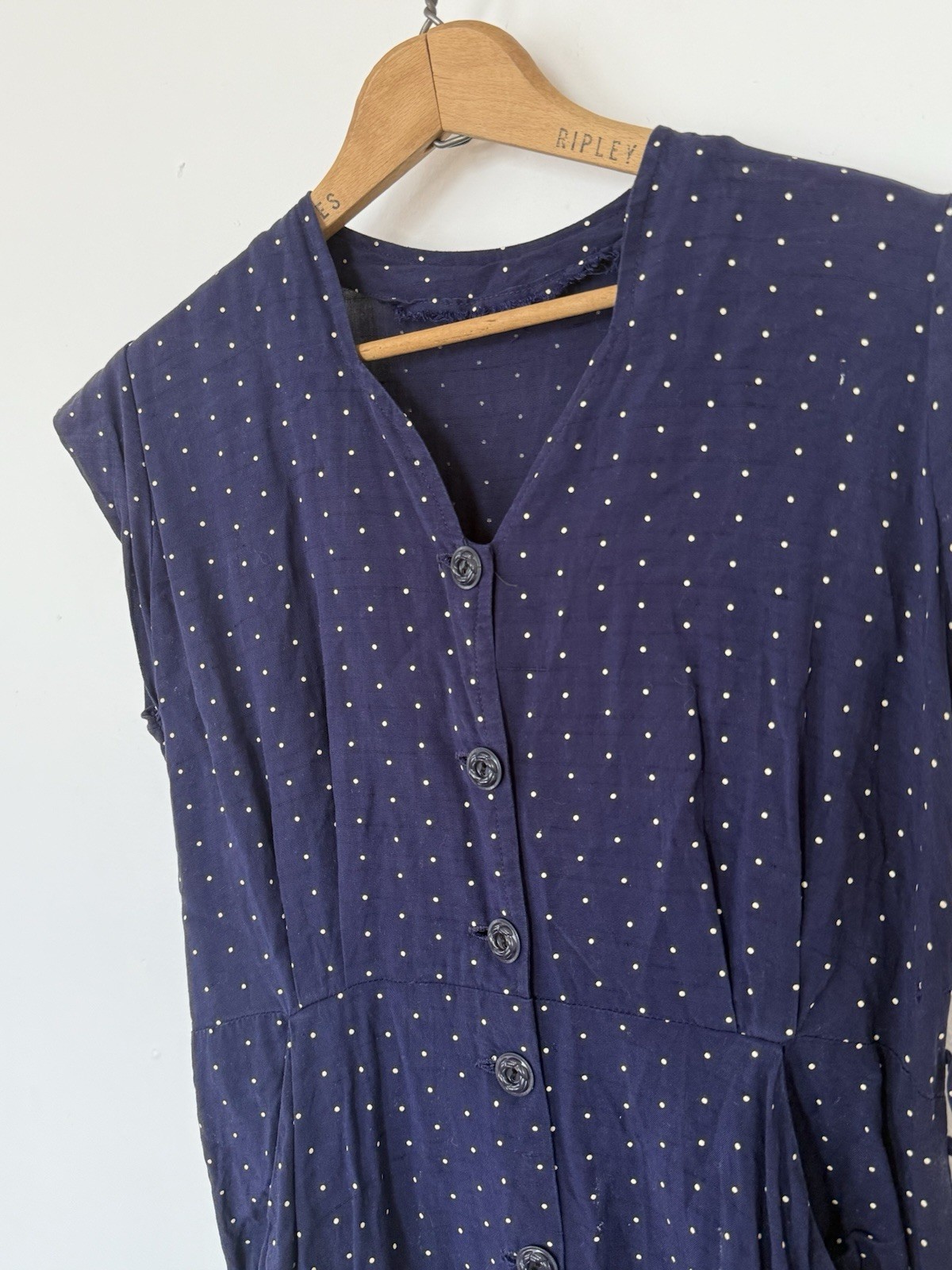 VINTAGE 40s FLOCKED POLKA DOT RAYON JERSEY BUTTON FRONT SLEEVELESS MIDI DRESS SM