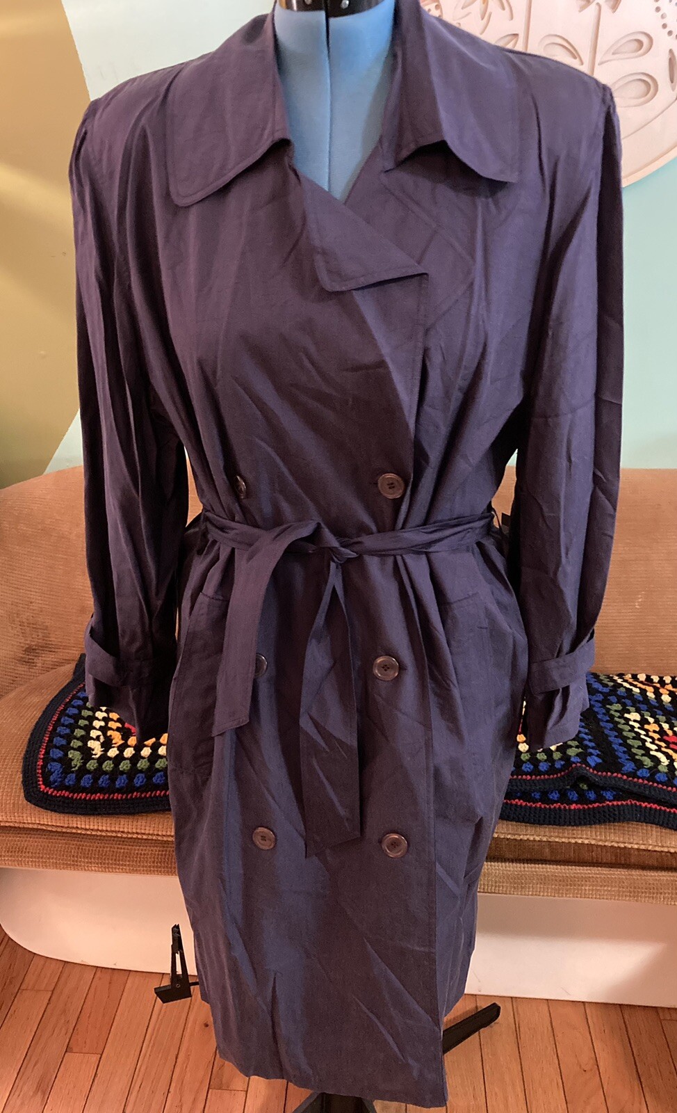 Vintage NOS 90’s Clifford & Wills Blue 100% Silk Trench Coat Sz. Large