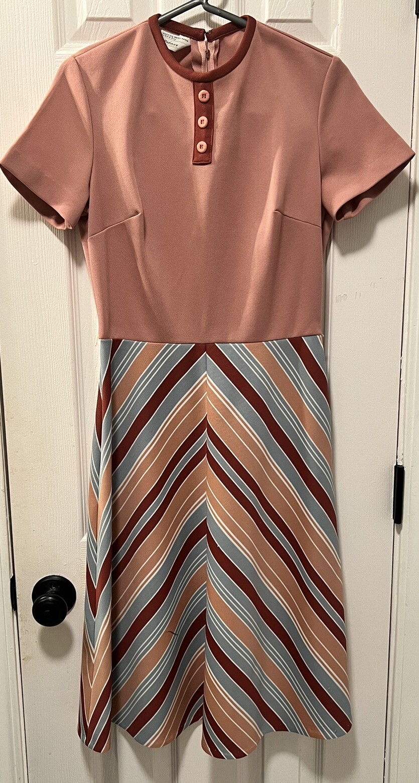 Vintage 1960/1970’s JC Penny Polyester Pink Stripe Dress Flaw/READ Size S/M