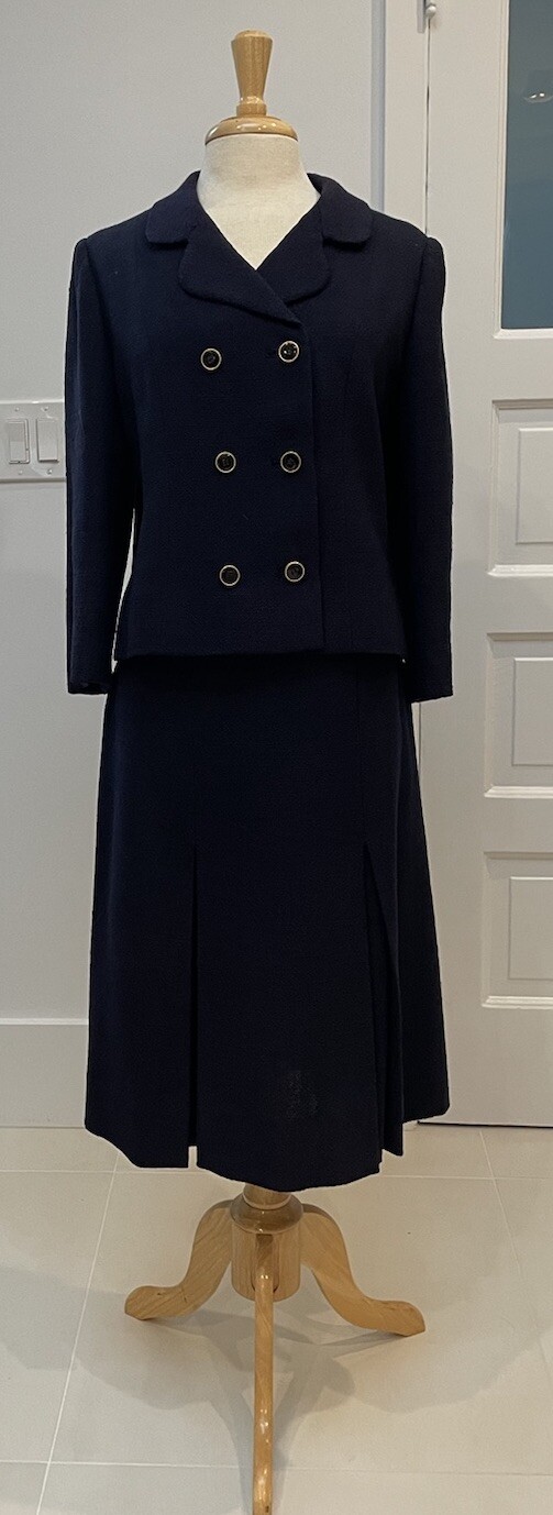 Vintage 1950’s CRISTOBAL BALENCIAGA Couture DB Navy Tweed Jacket Skirt Suit