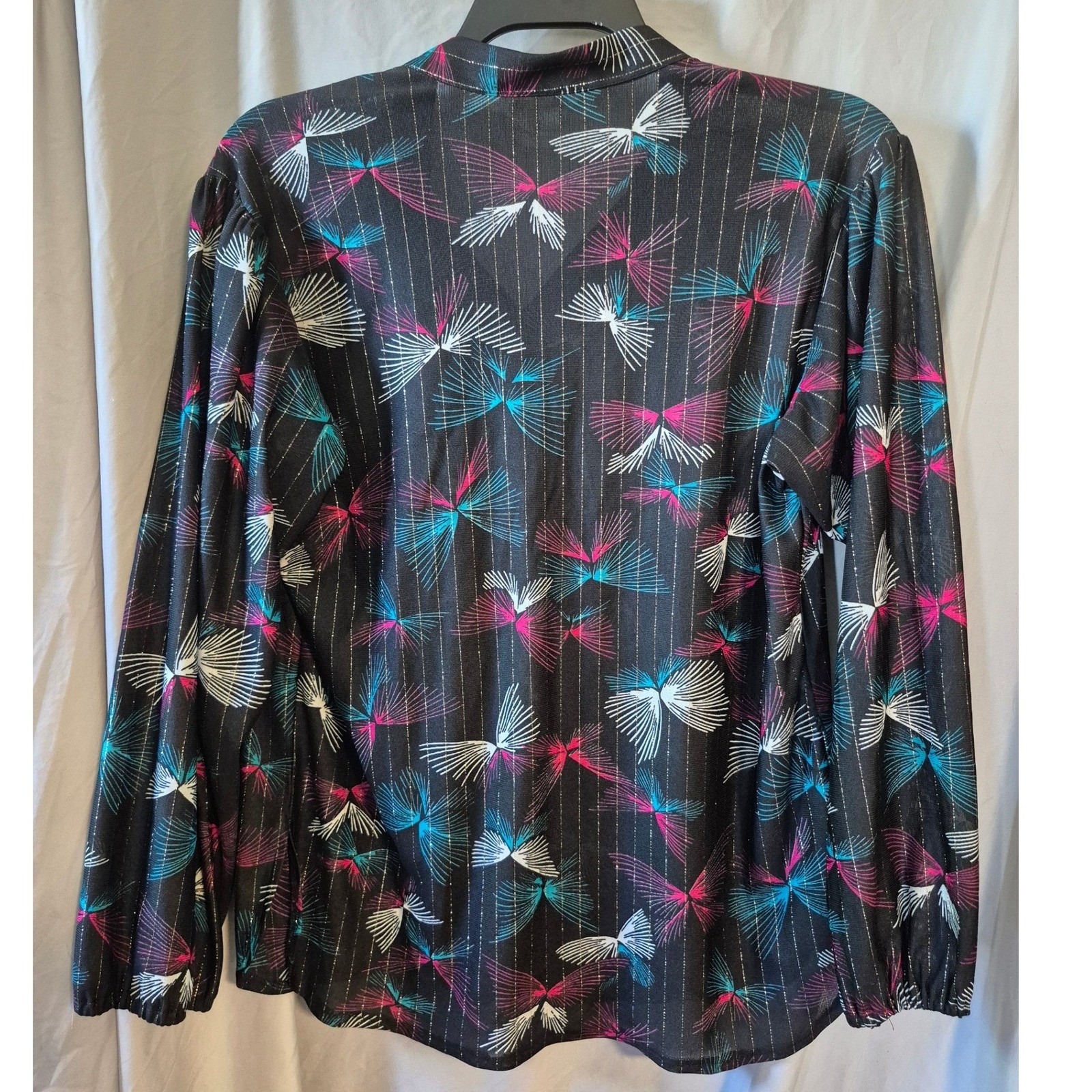 Vintage Sears The Fashion Place Black Pink Teal Metallic Knit Top Size 18 F0541