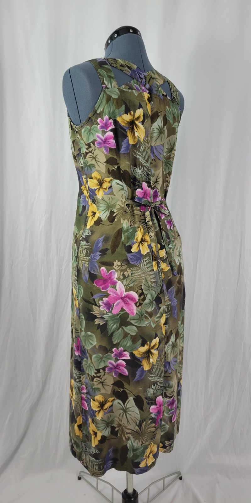 Vintage Erika Mossy Green Floral Sundress w Button Down Front Size Med Petite