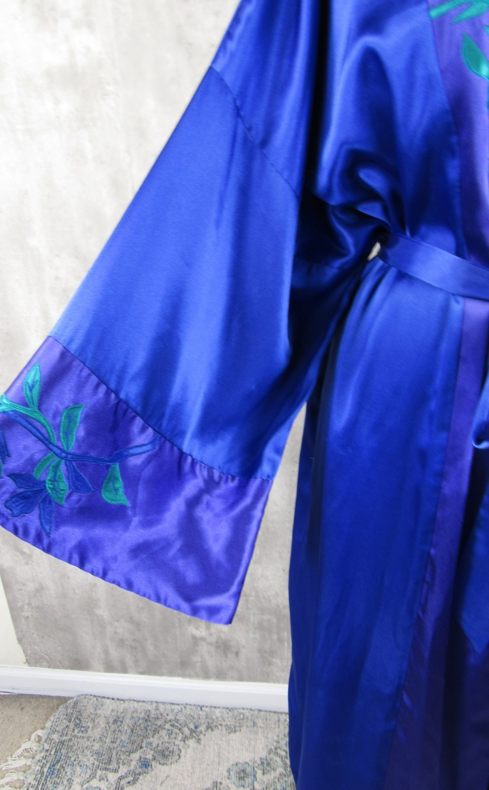 Vintage Solange Silky Satin Purple Applique Kimono Full Length Robe 1X 2X 3X