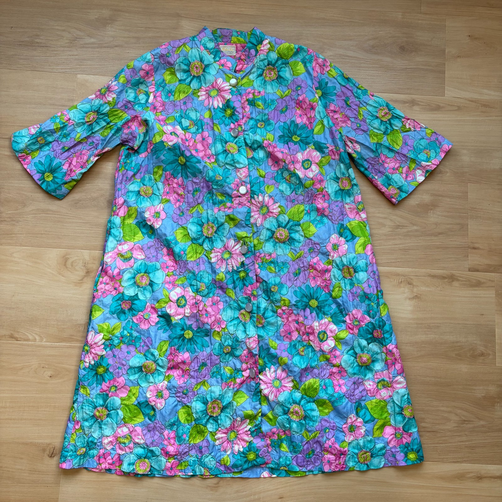 Vintage 1960s Barbara Lee Floral Psychedelic Kaftan House Dress Large (flaw)