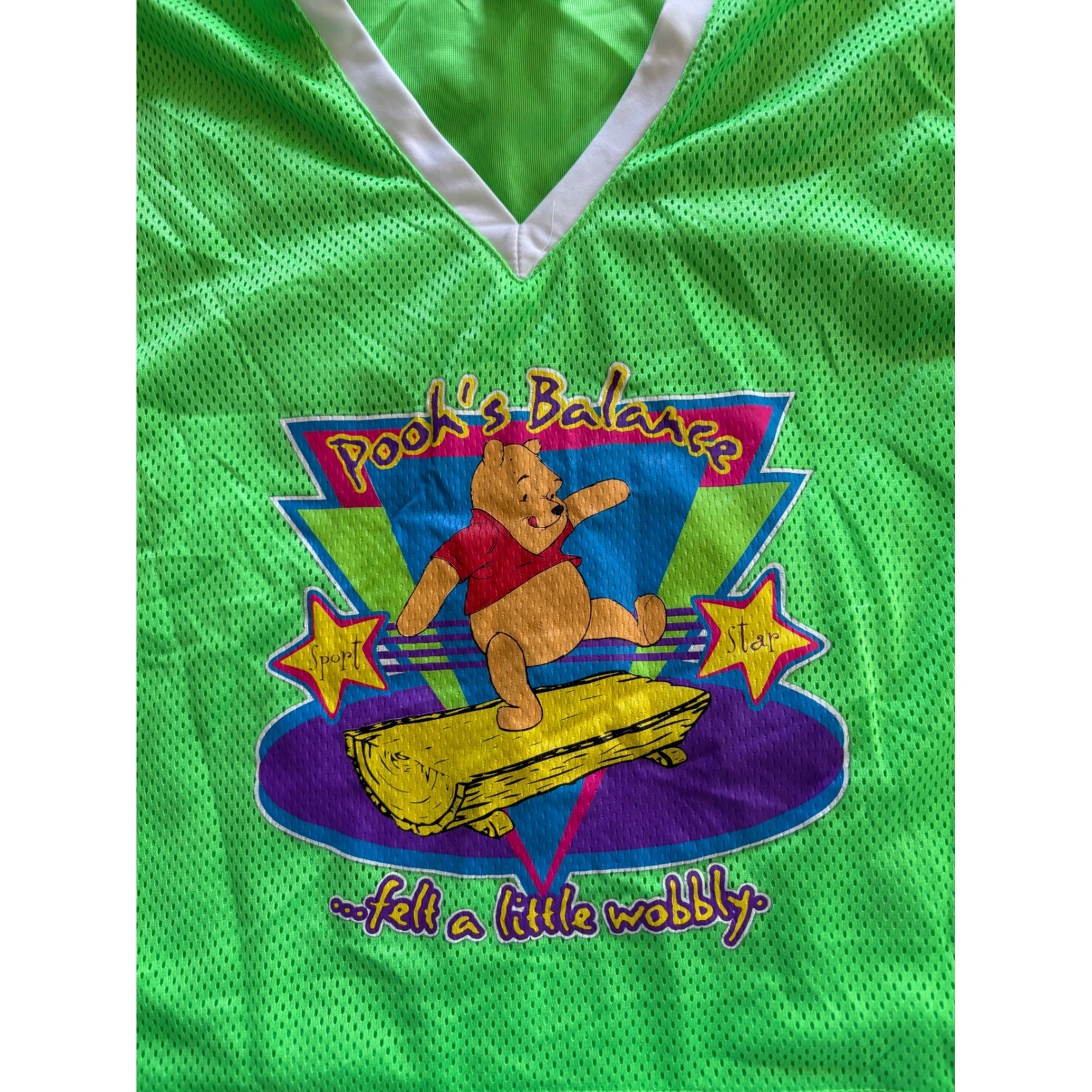 Vintage Disney Winnie the Pooh Mesh Jersey Crop Top Neon Green Size L 90s Y2K