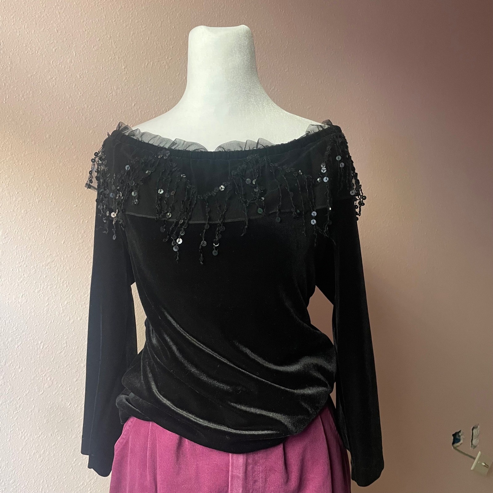 Vintage 1980s / 1990s Whimsygoth Velvet Off the Shoulder Blouse
