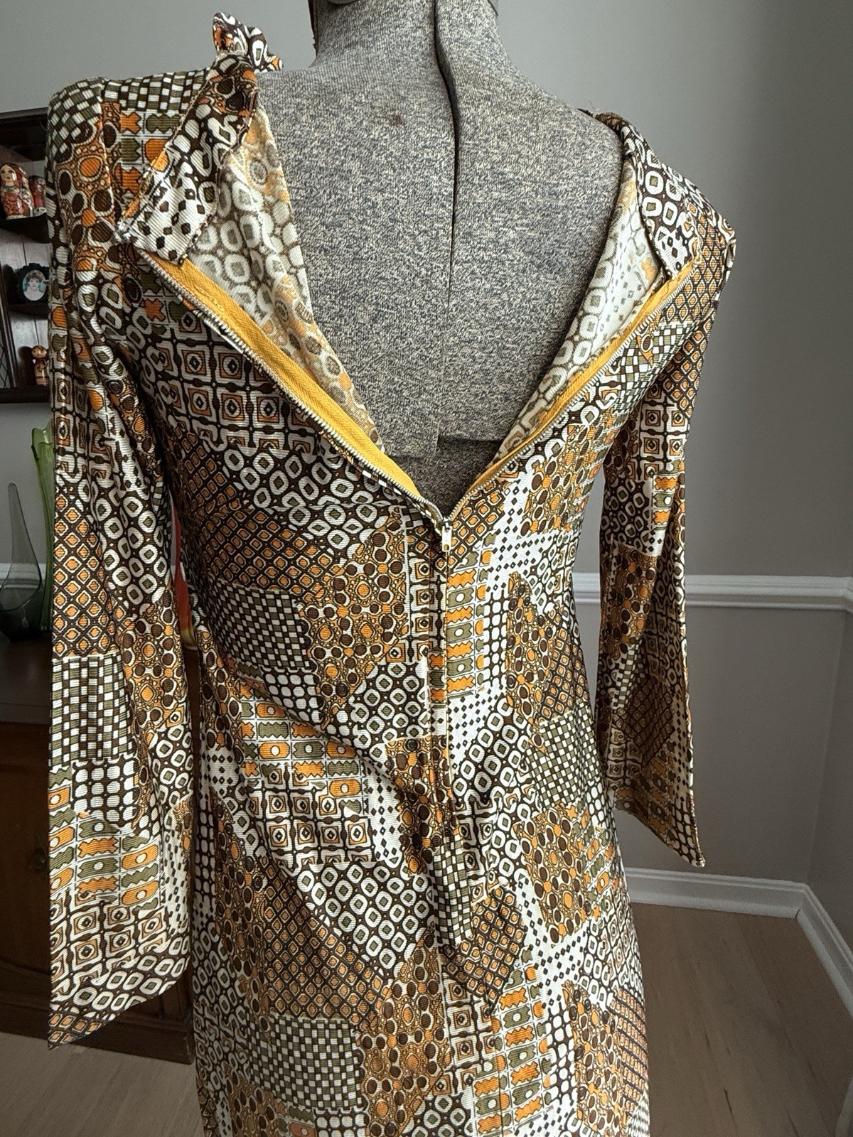 Vintage 70s Funky Print Brown And Orange Lace Up Midi Dress Size S