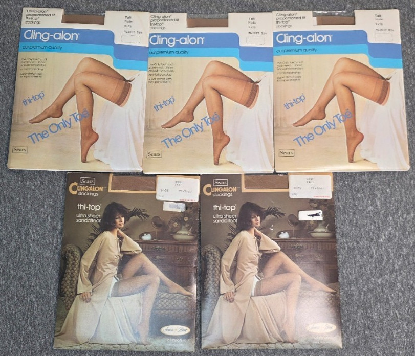 5 pair Vintage Sears Cling-Alon thi-top stockings TALL NUDE New Sealed
