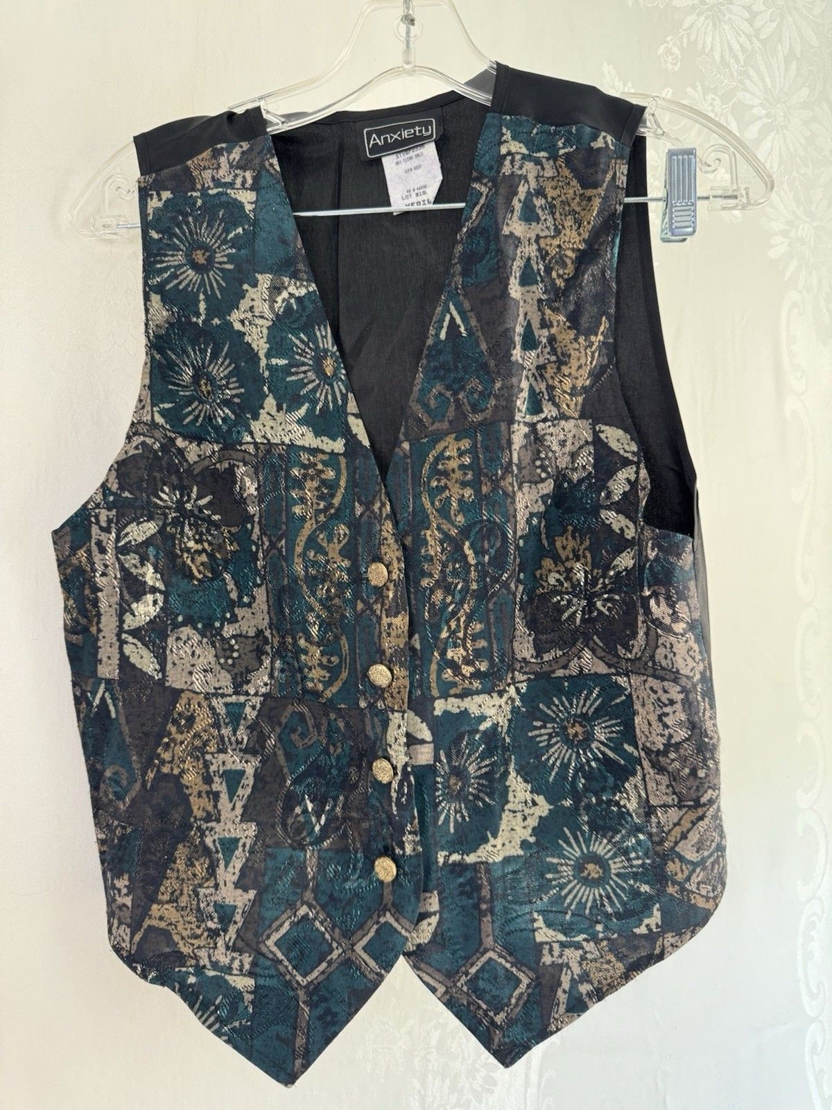 Anxiety Vintage Floral Patch Gold Metal Button Front Vest USA Medium