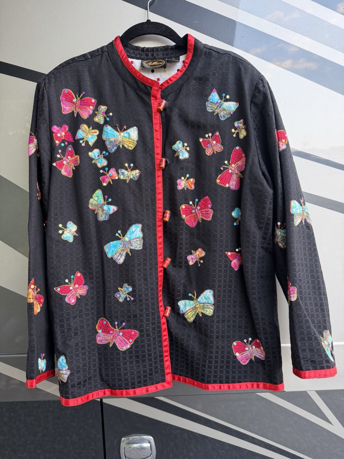 Vintage 80s Allure black embroidered butterflies sequins Asian blazer L glitter
