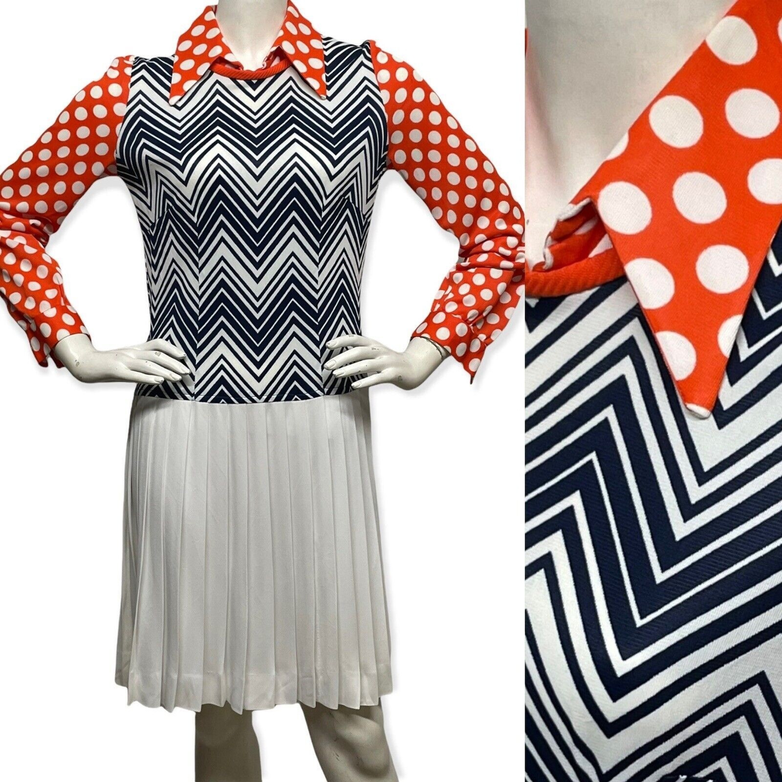 VTG 70s Questo Wilroy Polka Dot ZigZag Chevron Mixed Print Funky Dress M 8 CuTE!