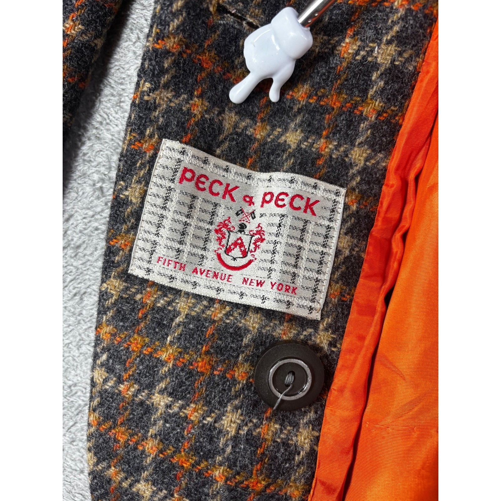 Peck & Peck Vintage Plaid Tweed Blazer Jacket Orange Grey Wool Blend Women S/M
