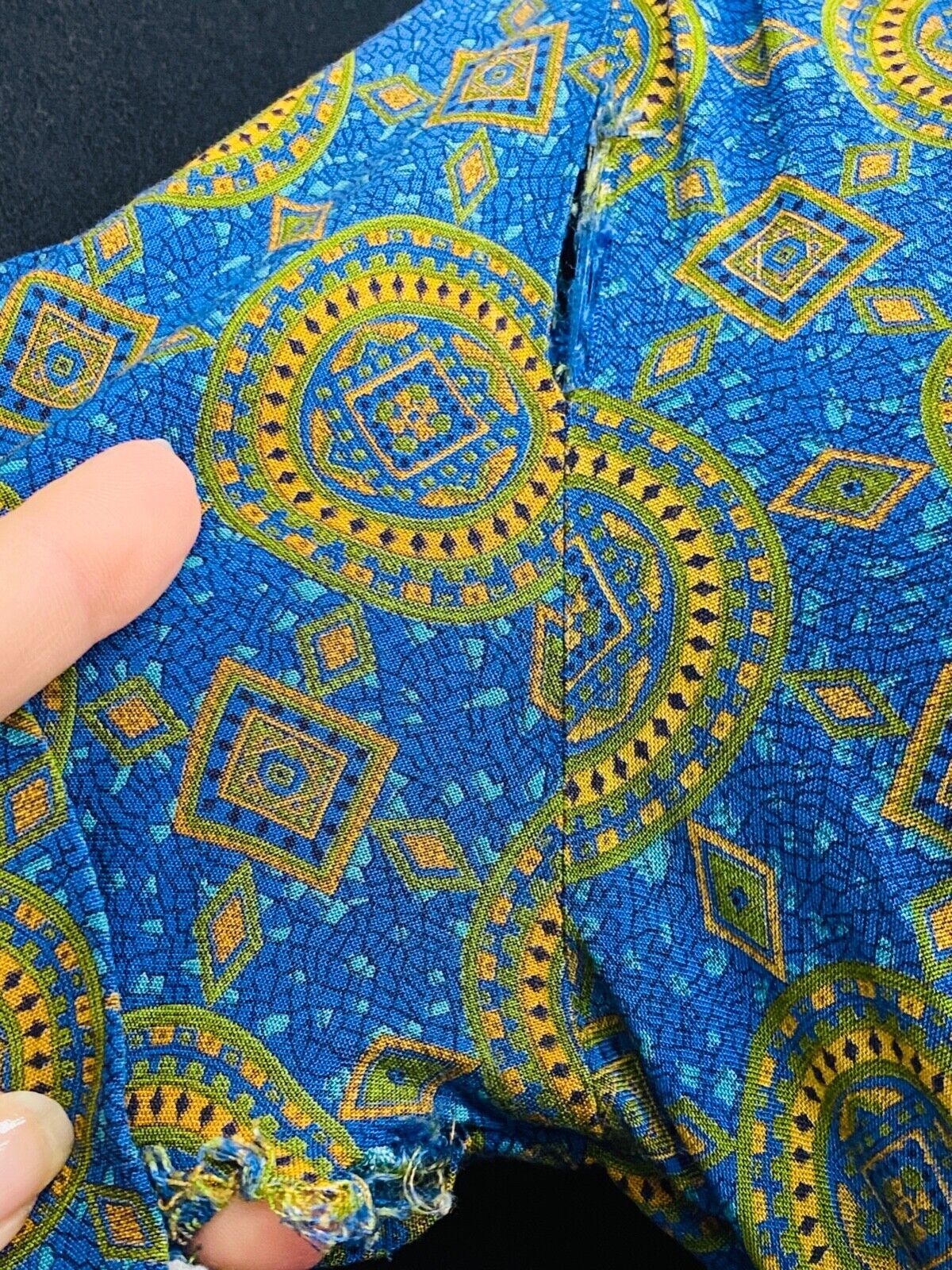 Vintage 1950s blue gold dress, cotton summer short sleeve shirt rayon green S