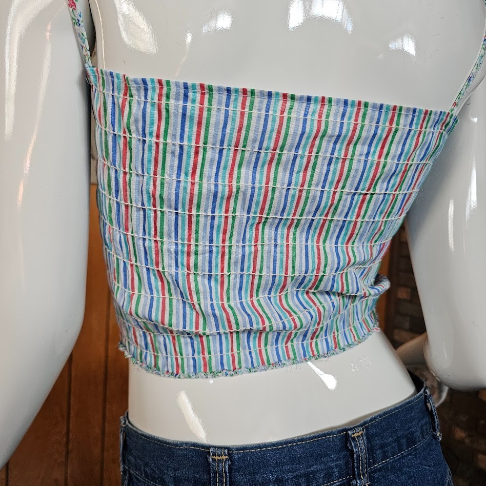 Vtg 70s Pride Rainbow Stripe Smocked Crop Baby Tee Tube Top Festival Shirt M