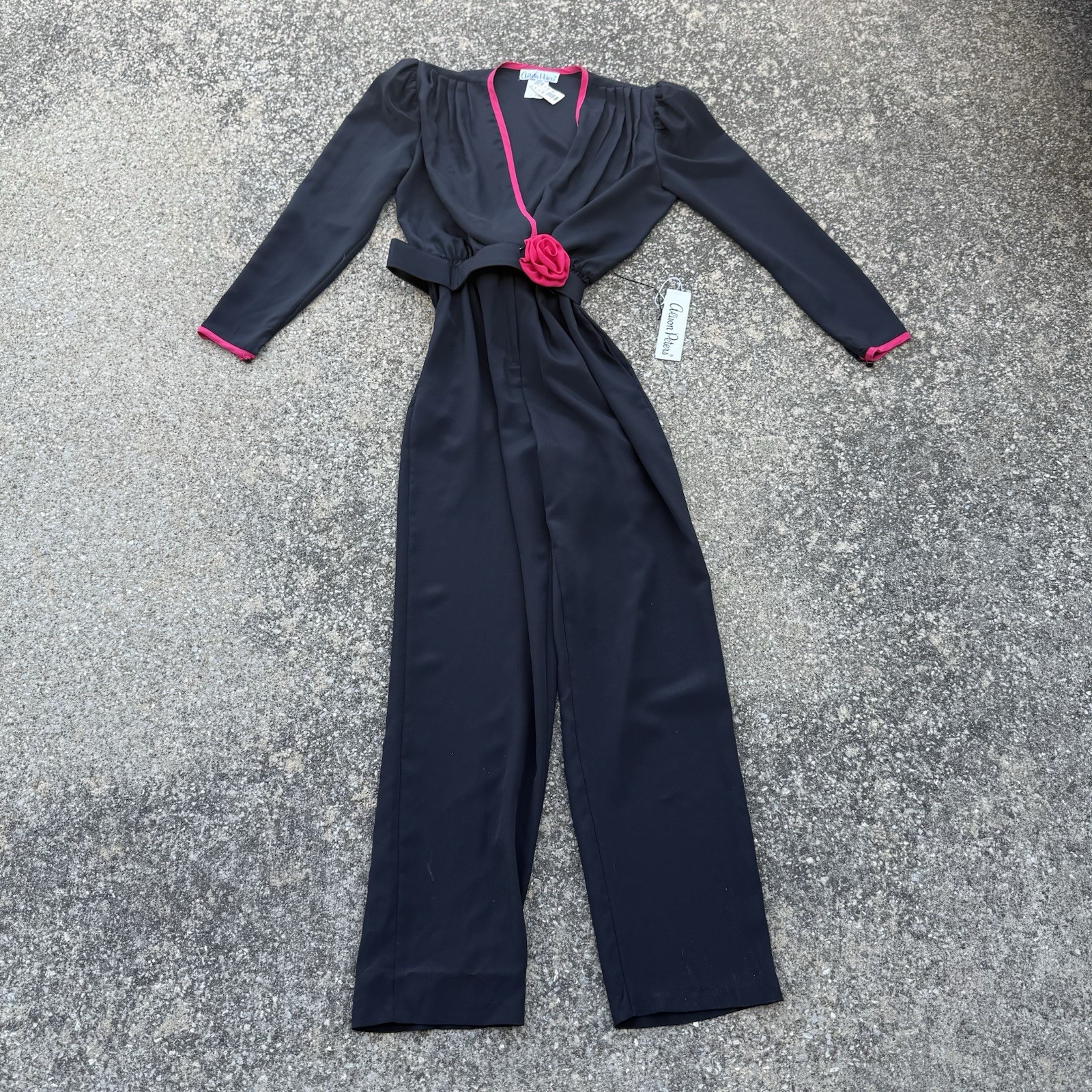 Vintage NOS Alison Peters Jumpsuit Womans Size 10 Black & Pink Belted 1970’s USA