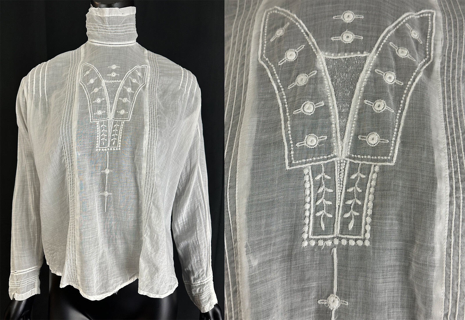 Edwardian Embroidered Pintuck White Cotton Batiste High Collar Shirtwaist Blouse