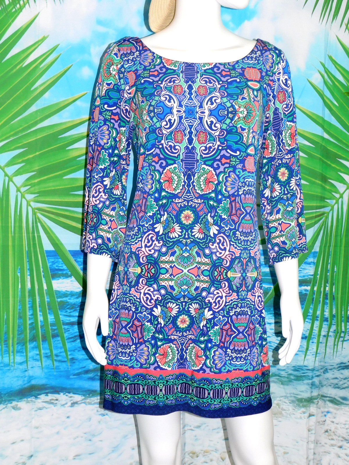 Y2K Laundry by Shelli Segal 3/4 Sleeve V Back Dress Lined Floral Stretch S/M