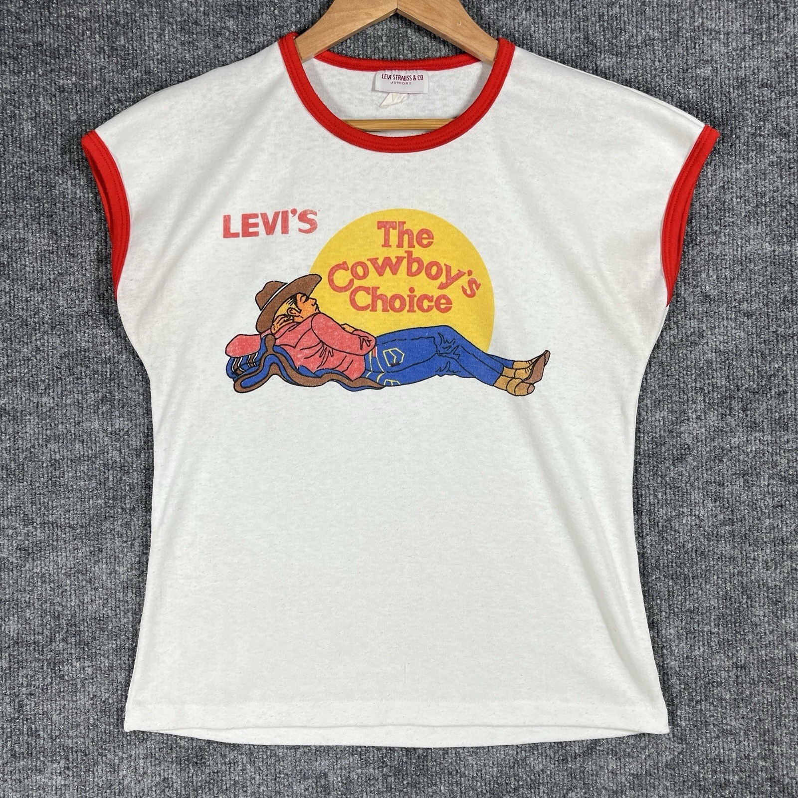 VINTAGE 70s Levis Cowboy Choice T Shirt Womens L Baby Tee Ringer Promo 501 Big E