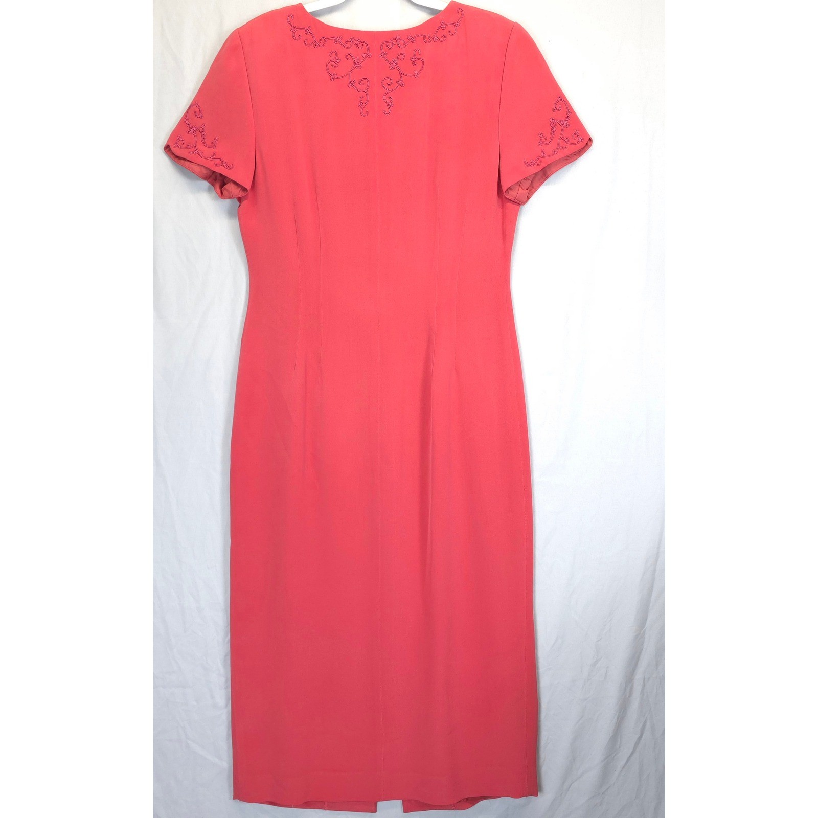 Maggy London Silk Dress Women 12 Coral Pink Embroidered Button Front Midi Church