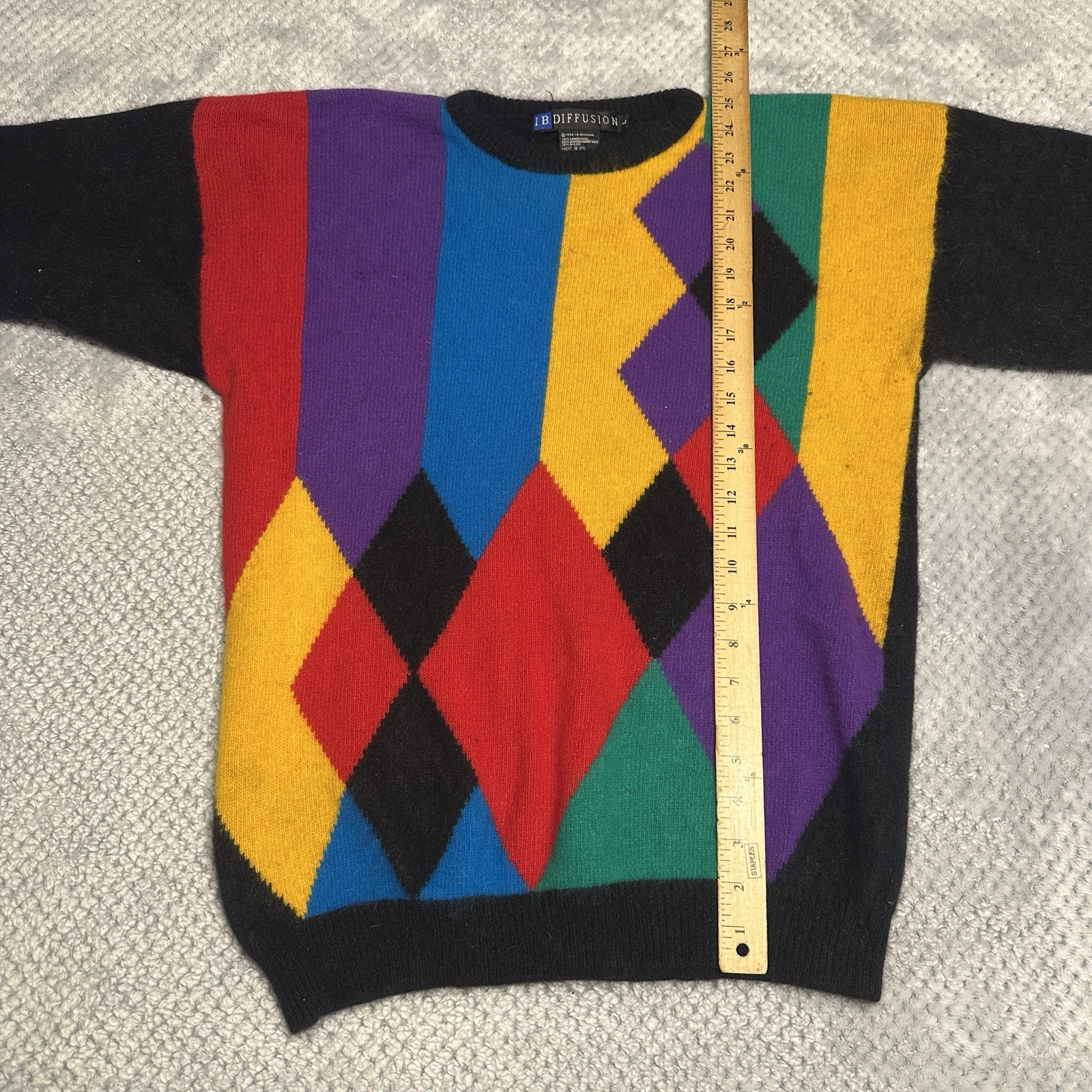 Vintage 90s IB Diffusion Lambswool Angora Sweater L Knit Argyle Colorful 1992