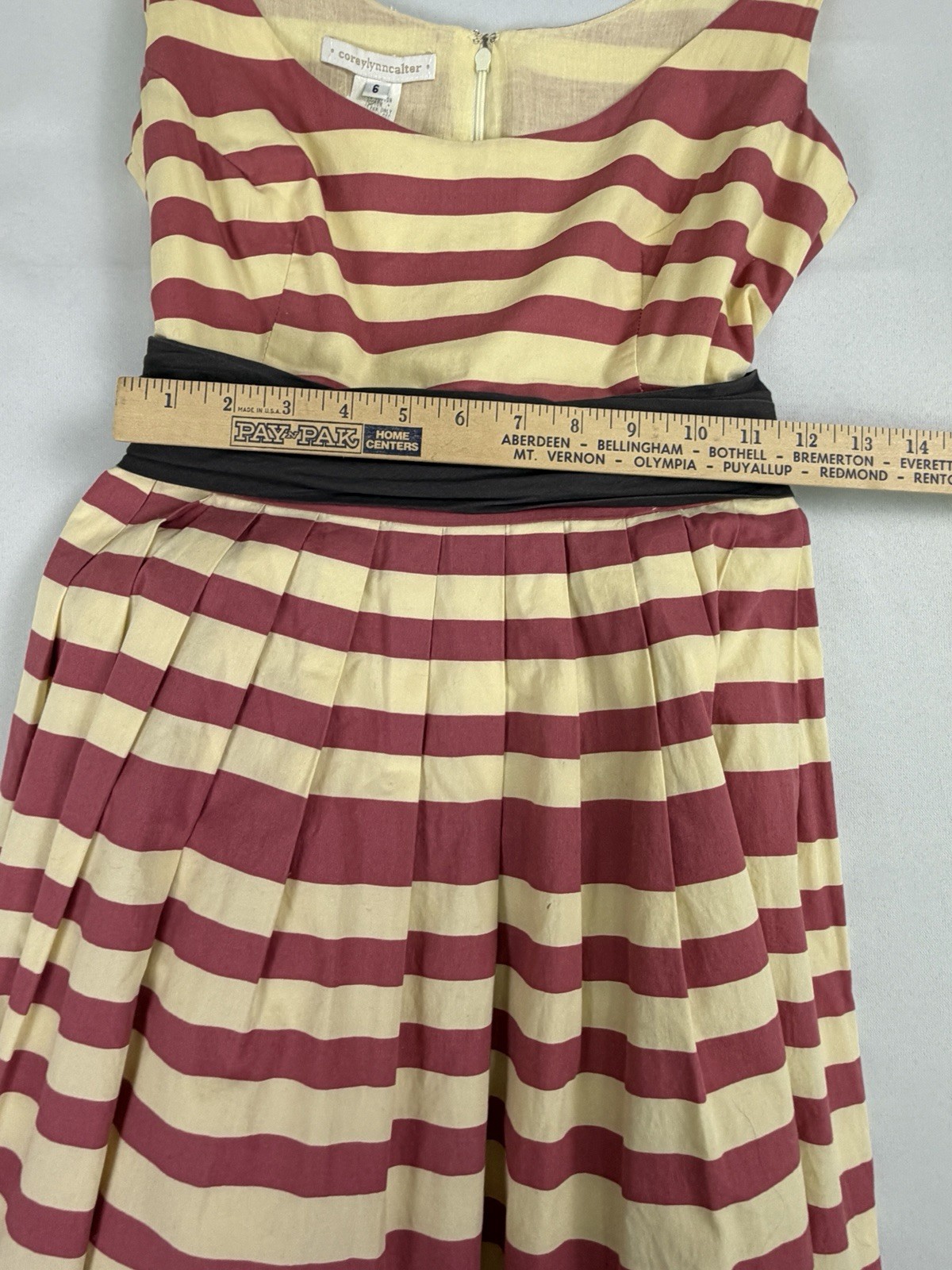 Corey Lynn Calter Striped Fit Flare Dress Size 6 Pink Cream Black Sash Bow