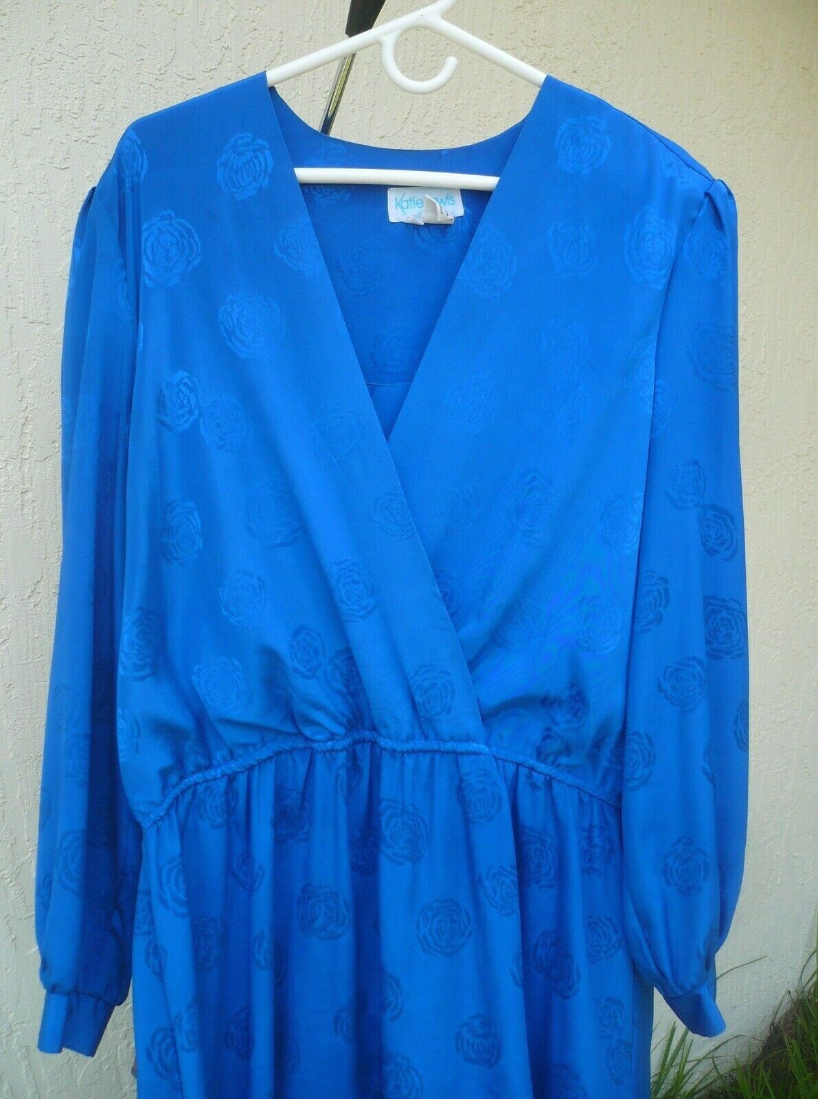 VTG 80 SATIN KATIE LEWIS 1X XL 20 DRAPED BLUE ON BLU ROSES EVENING DRESS WEDDING