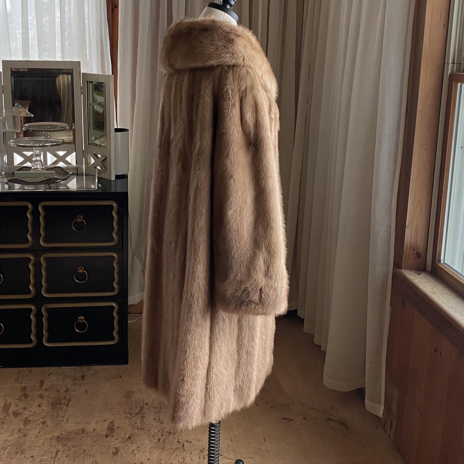 Vintage 60s mink coat midi autumn haze light brown shawl collar 46” bust EUC
