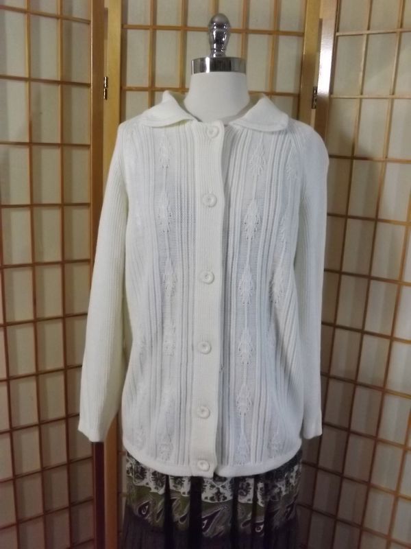 Lady Caprice Vtg 50 60s CREAMY WHITE Acrylic TEXTURED KNIT CARDIGAN SWEATER Sz L