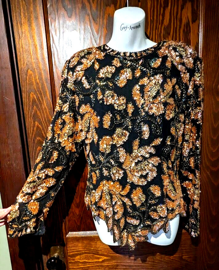 Black Tie by He-Ro orange black Beaded Sequined Blouse 100% Silk Sz 12 L Top 4C