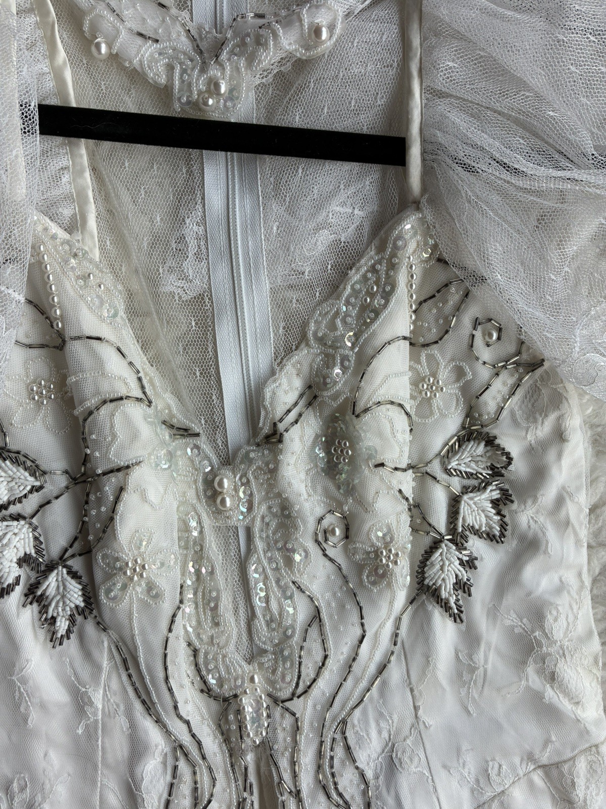 80s Vtg CLIMAX Karen Okada White Lace Angel Sleeve Dress Sheer Mesh Glam Mermaid