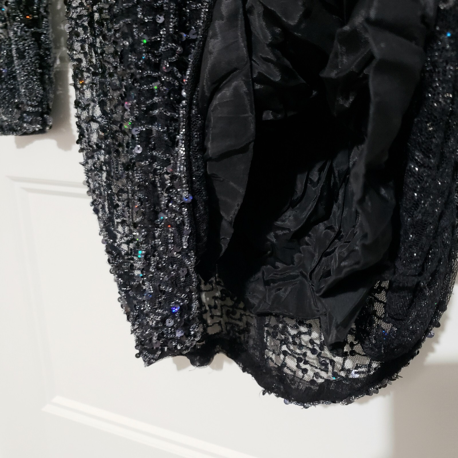 Vintage Riazee Beaded Sequin Mini Dress Black Body Con Long Sleeve Womens 2/4