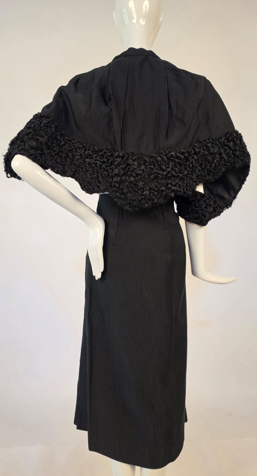 LATE 1930’S THICK BLACK SILK FAILLE SUIT W PERSIAN LAMB TRIMMED CAPE W ARMHOLES