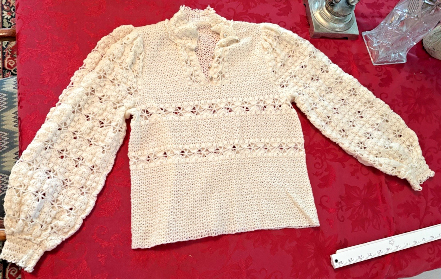 VTG Wool Lace Sweater Handknit Victorian Irish Women sz M