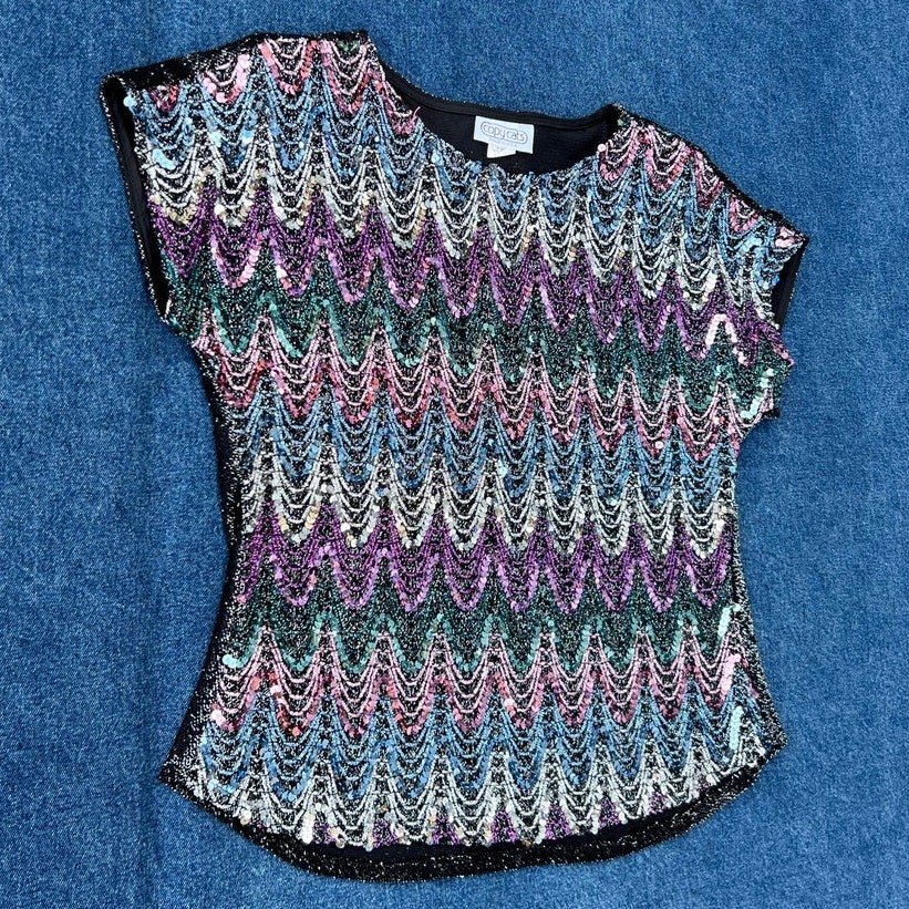 80s Copy Cats metallic silver sequin wave pattern top