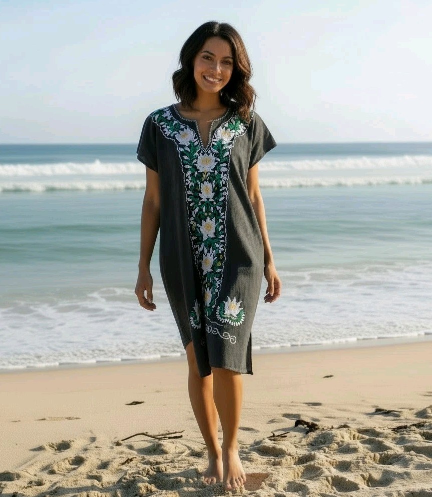 Vtg 70s Embroidered Ethnic Mexican Peasant Dress Boho Tunic L Black Lotus Resort