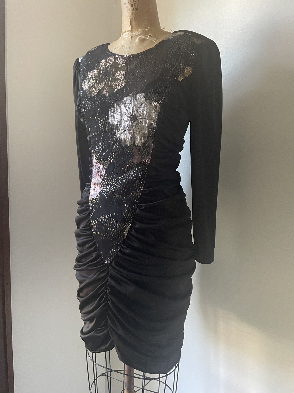 Vintage ‘80s Glam Mini Dress Coffin Ruched Black & Sparkly Lurex Body Con XS