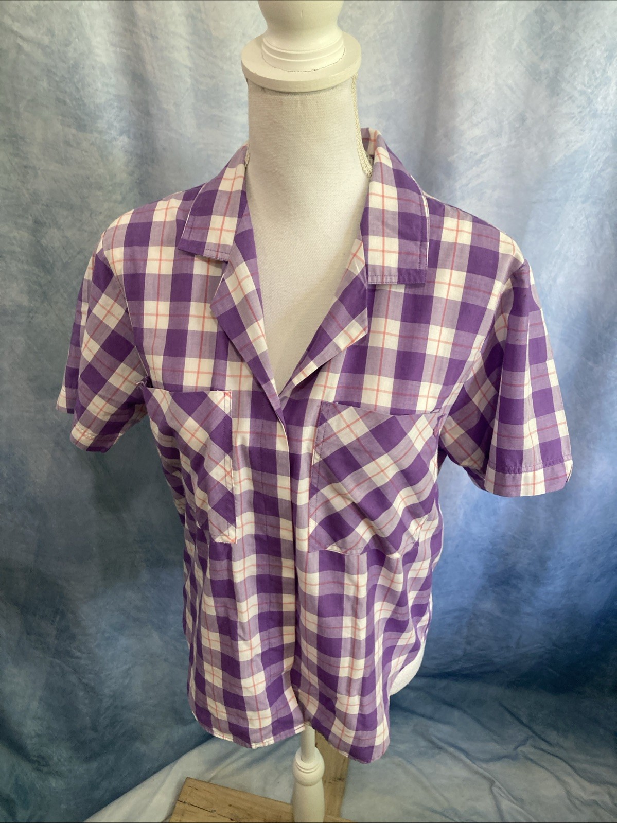VTG 80s 90s Easton Park Plaid Camp Shirt Blouse Top Purple Gingham Collar Grunge