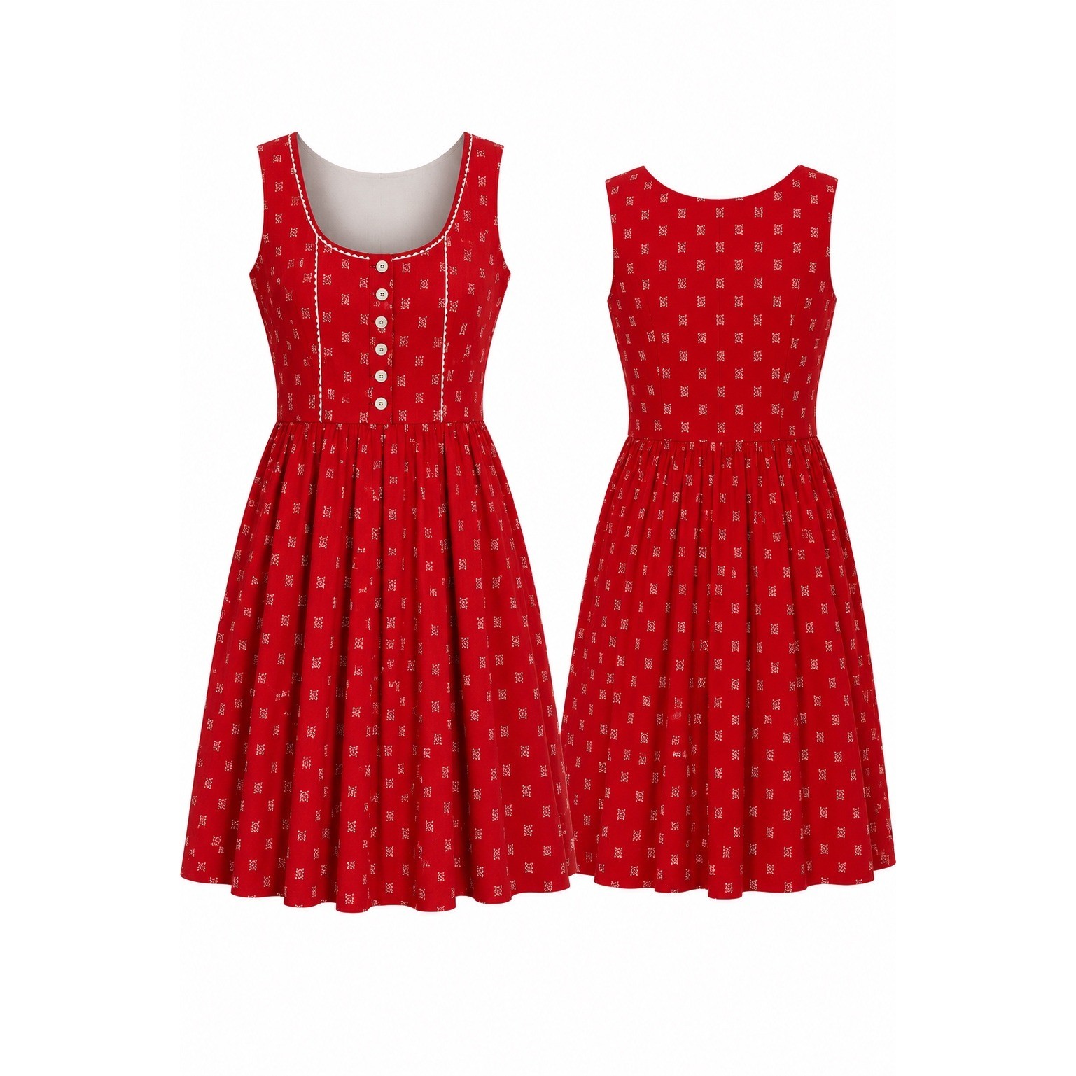 German Dirndl Inspired Dress Size 40 Red Floral Cotton Alpine Cottagecore