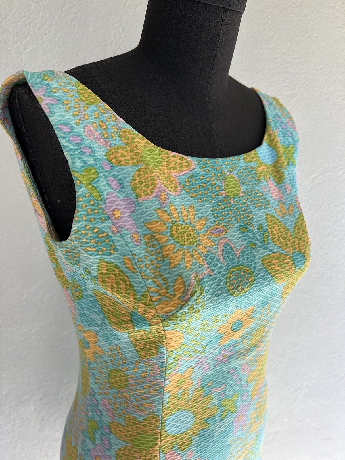 VTG 1960’s Green Pink Orange Damask Floral Shabby Chic Sun Mini Dress S M GREAT