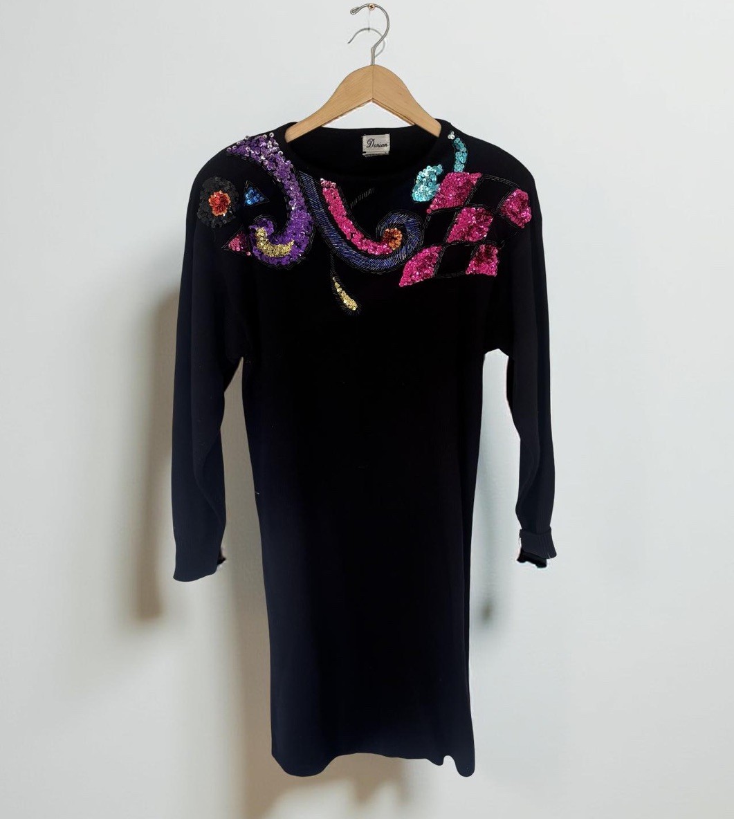 VTG 80’s Darian Sweater Dress Sz Med Black Rhinestone Sequin Embellishment