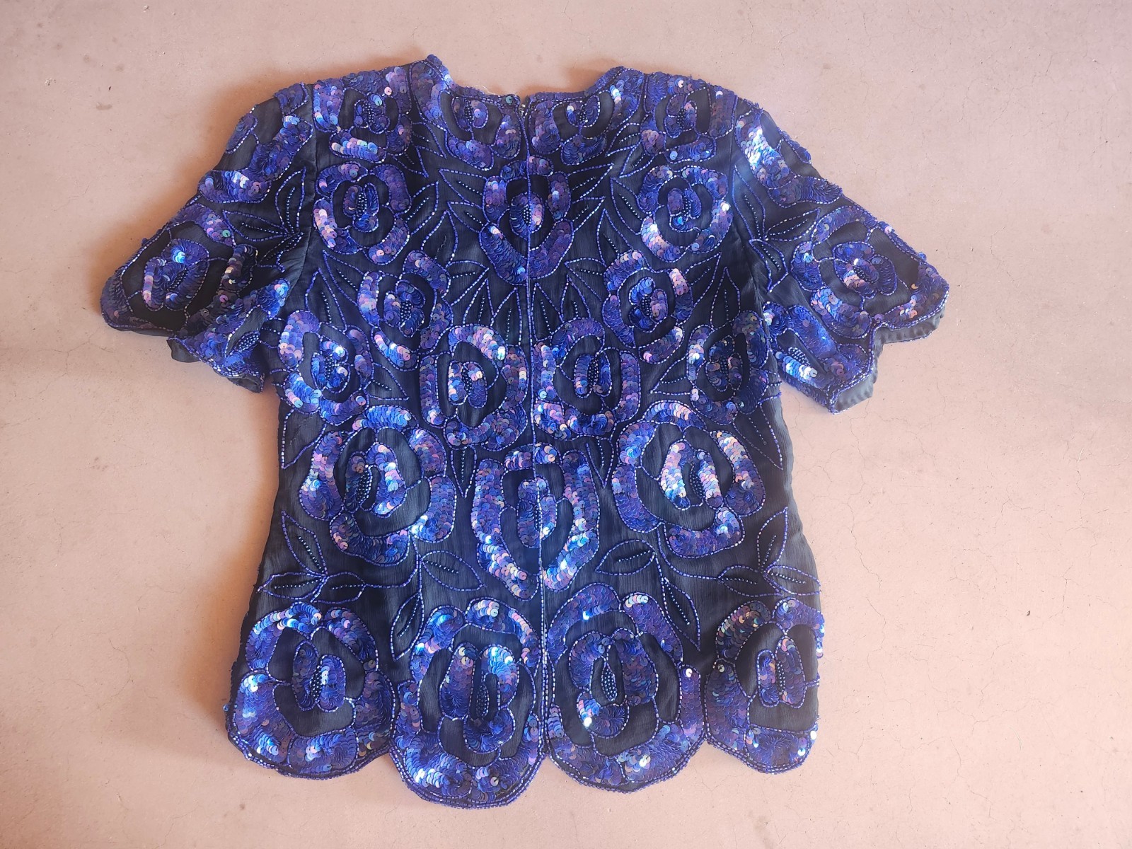 Vintage 80s 1980’s Blue Silk And Sequin Glam Blouse Top Shirt Sz L Fits M PARTY